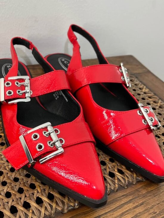 Scoop Shoes - Size 7 City Chic Edgy Double Buckle Red Faux Leather Statement Slingback Flat